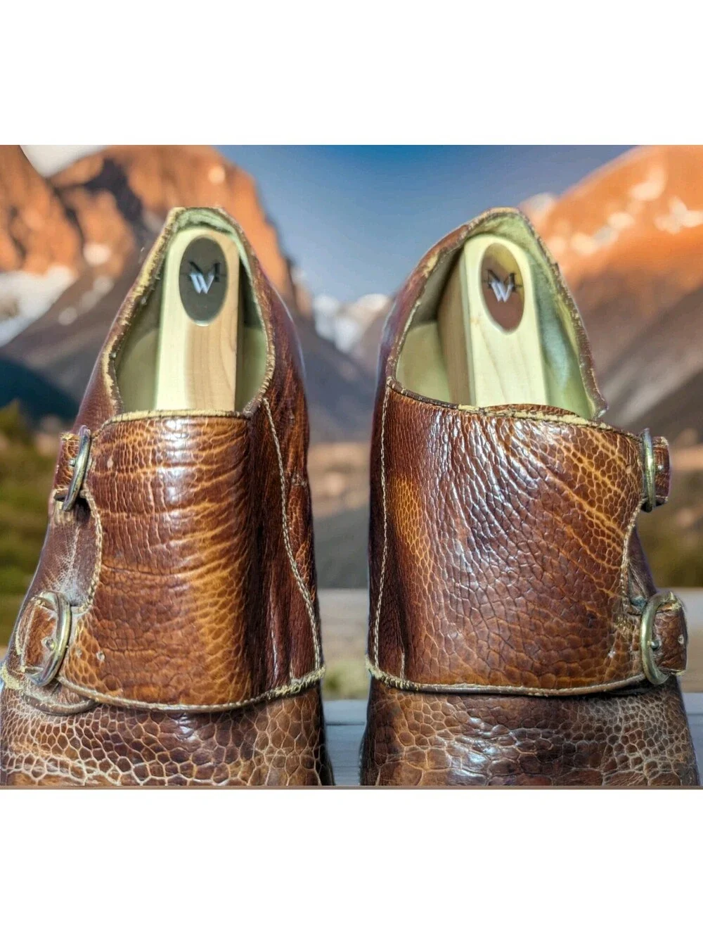 BELVEDERE Exotic Genuine Ostrich Leg Monkstrap Dress Shoes Mens 10.5 Camel Brown